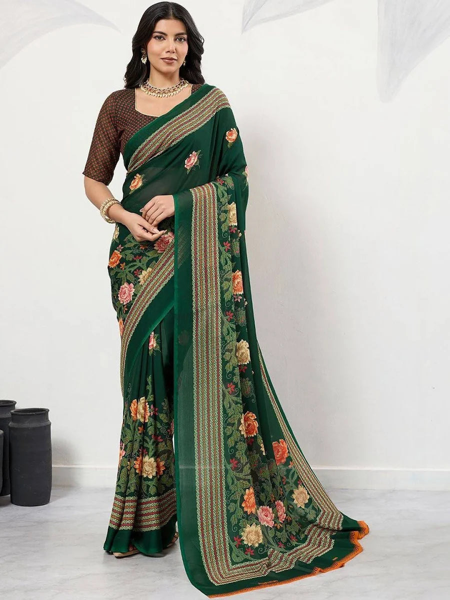 HERE&NOW Floral Embroidered Pure Georgette Saree